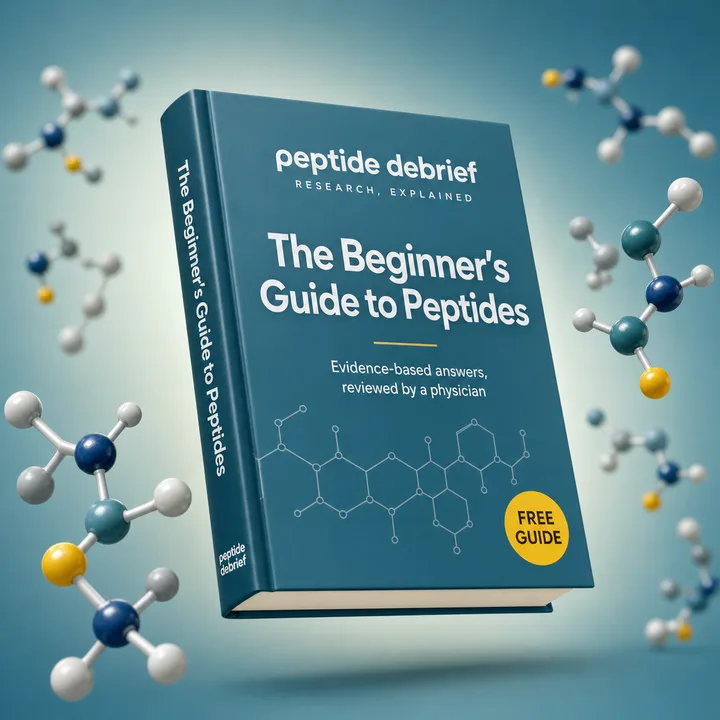 The Beginner's Guide to Peptides by Peptide Debrief, shown as a teal hardcover book among molecule models