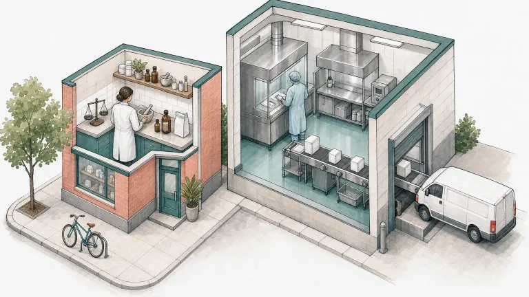 Isometric ink drawing of a small corner pharmacy beside a larger sterile compounding facility with a loading dock.