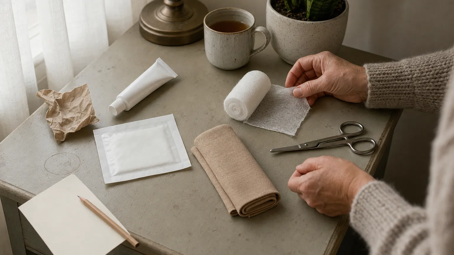Gauze, a blank dressing packet, cream tube and folded compression stocking on a sunlit side table.