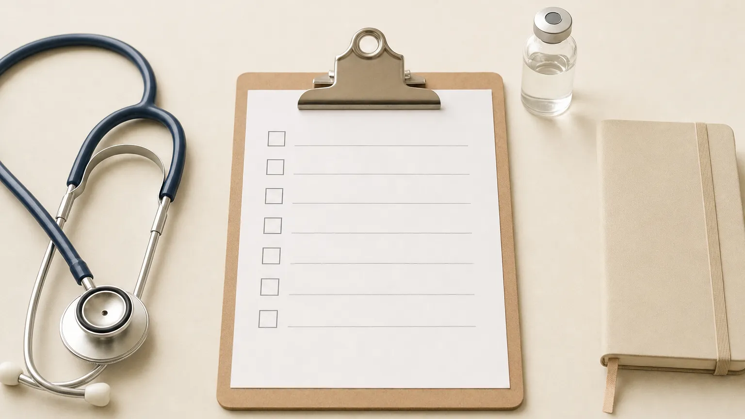 Clipboard with a blank checklist, stethoscope, unlabeled vial and notebook on a plain background.