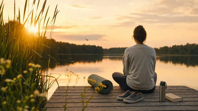 A person seen from behind sitting on a lakeside dock at golden hour beside a yoga mat and book.