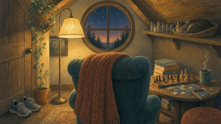 Gouache illustration of a cozy attic reading nook with books, a chessboard, puzzle and a dusty shelf of vials.