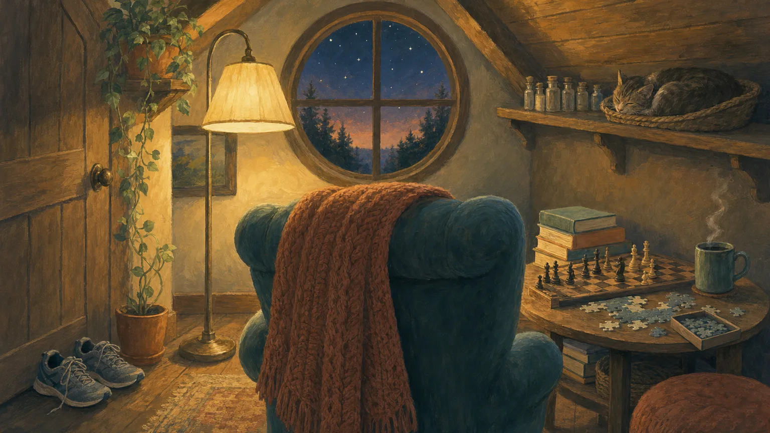 Gouache illustration of a cozy attic reading nook with books, a chessboard, puzzle and a dusty shelf of vials.