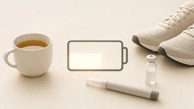Partly charged battery shape beside a tea cup, running shoes and a small vial.