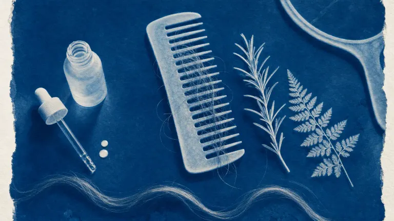 Cyanotype print of a comb with hair strands, a dropper bottle, rosemary and a hand mirror