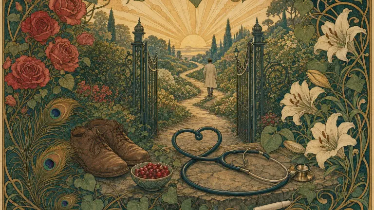 Art Nouveau illustration of a stethoscope looped into a heart on a garden wall beside a path.