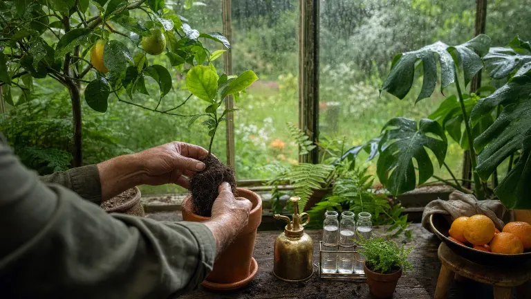 Hands repotting a seedling on a greenhouse bench beside glass vials, a mister and citrus.