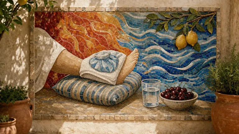 Tile mosaic of an ankle with an ice pack, flame tiles fading into blue waves, and cherries.
