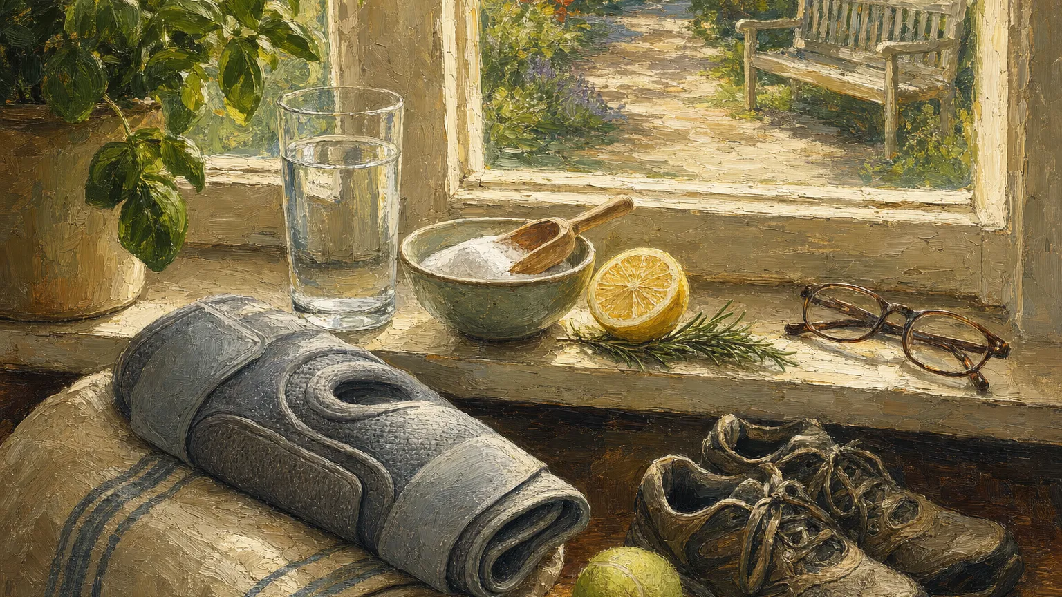 Oil painting of a windowsill with water glass, powder bowl, knee brace and walking shoes