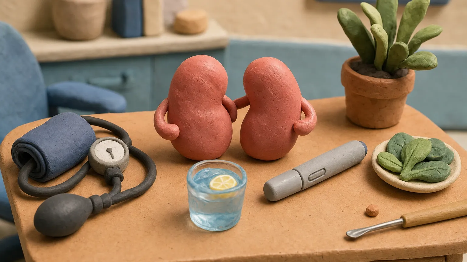 Claymation scene of two bean-shaped figures on a desk with water, a blood pressure cuff and a pen.