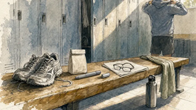 Ink and watercolor sketch of a locker room bench with running shoes, an injection pen and reading glasses