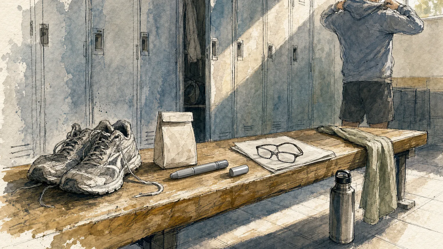 Ink and watercolor sketch of a locker room bench with running shoes, an injection pen and reading glasses