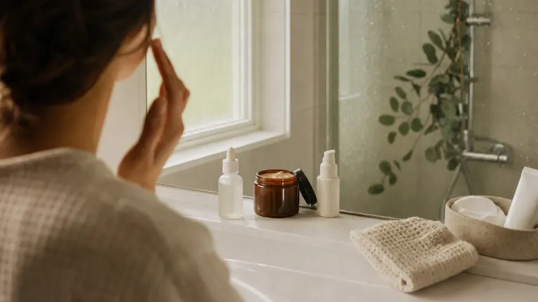 Film photo of a bathroom sink ledge with unlabeled serum, cream jar and sunscreen in morning light