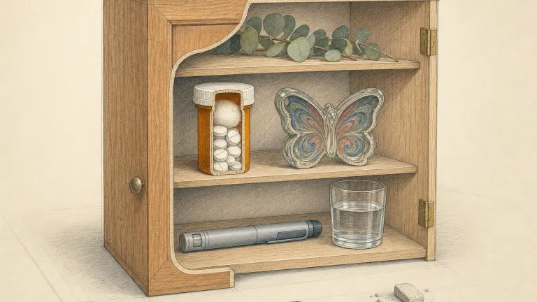 Colored-pencil cutaway of a medicine cabinet with a sliced pill bottle and a butterfly-shaped paperweight.
