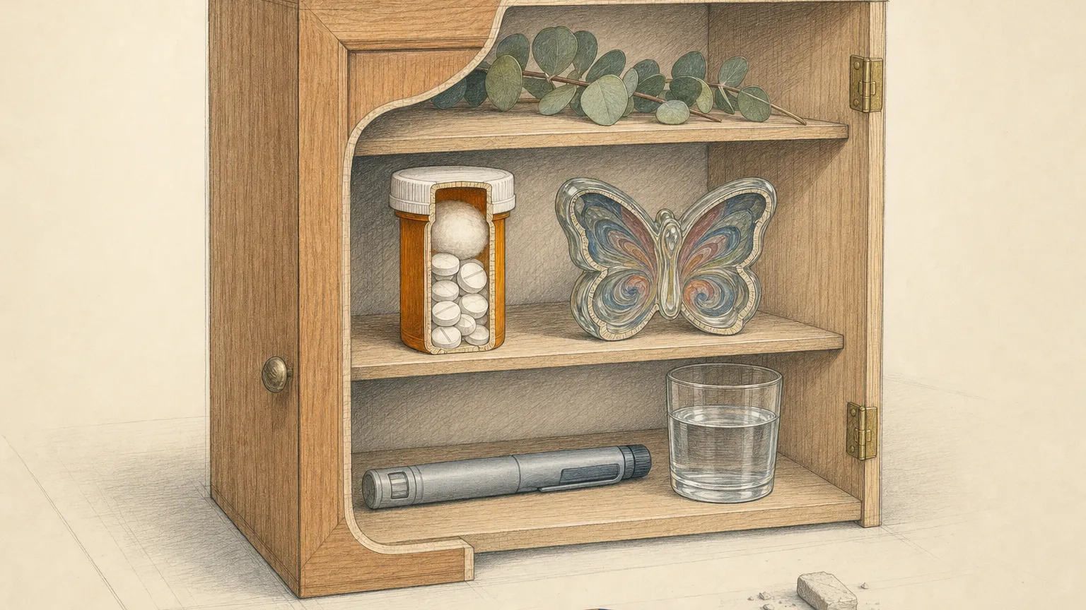 Colored-pencil cutaway of a medicine cabinet with a sliced pill bottle and a butterfly-shaped paperweight.