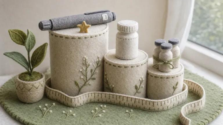 A felt diorama of three stepped pedestals holding a pen, a pill bottle and small vials.
