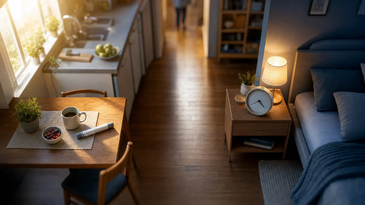 Miniature-style view of a morning kitchen and an evening bedroom connected by floorboards, with a capped pen