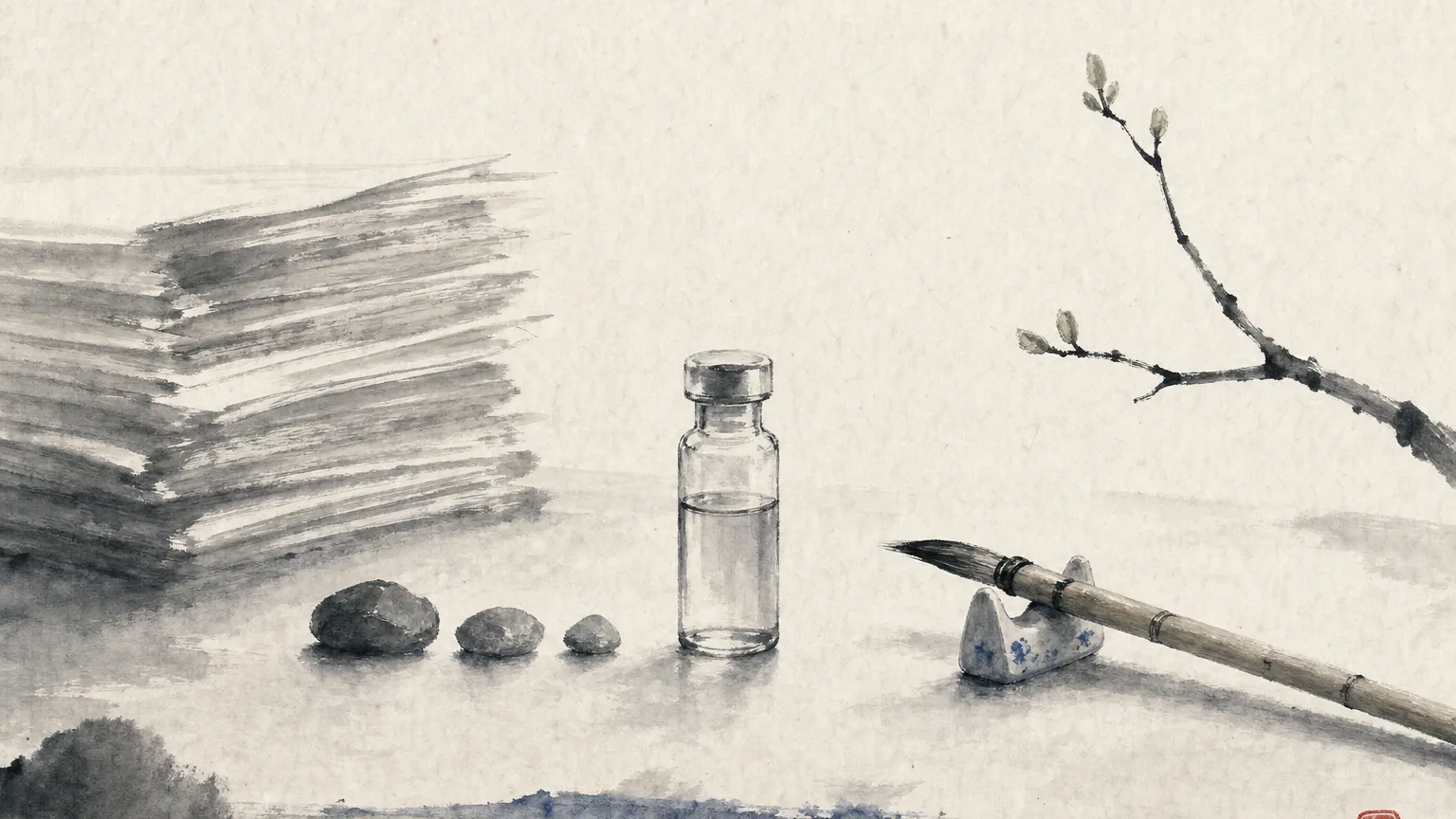 Ink wash painting of a glass vial beside three small stones, a paper stack and a budding branch.