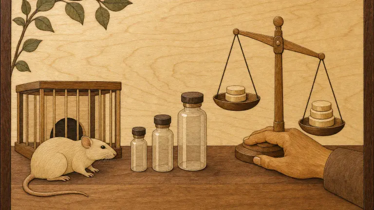 Wood marquetry panel showing a rat figure, three vials and a hand beside an uneven balance scale.