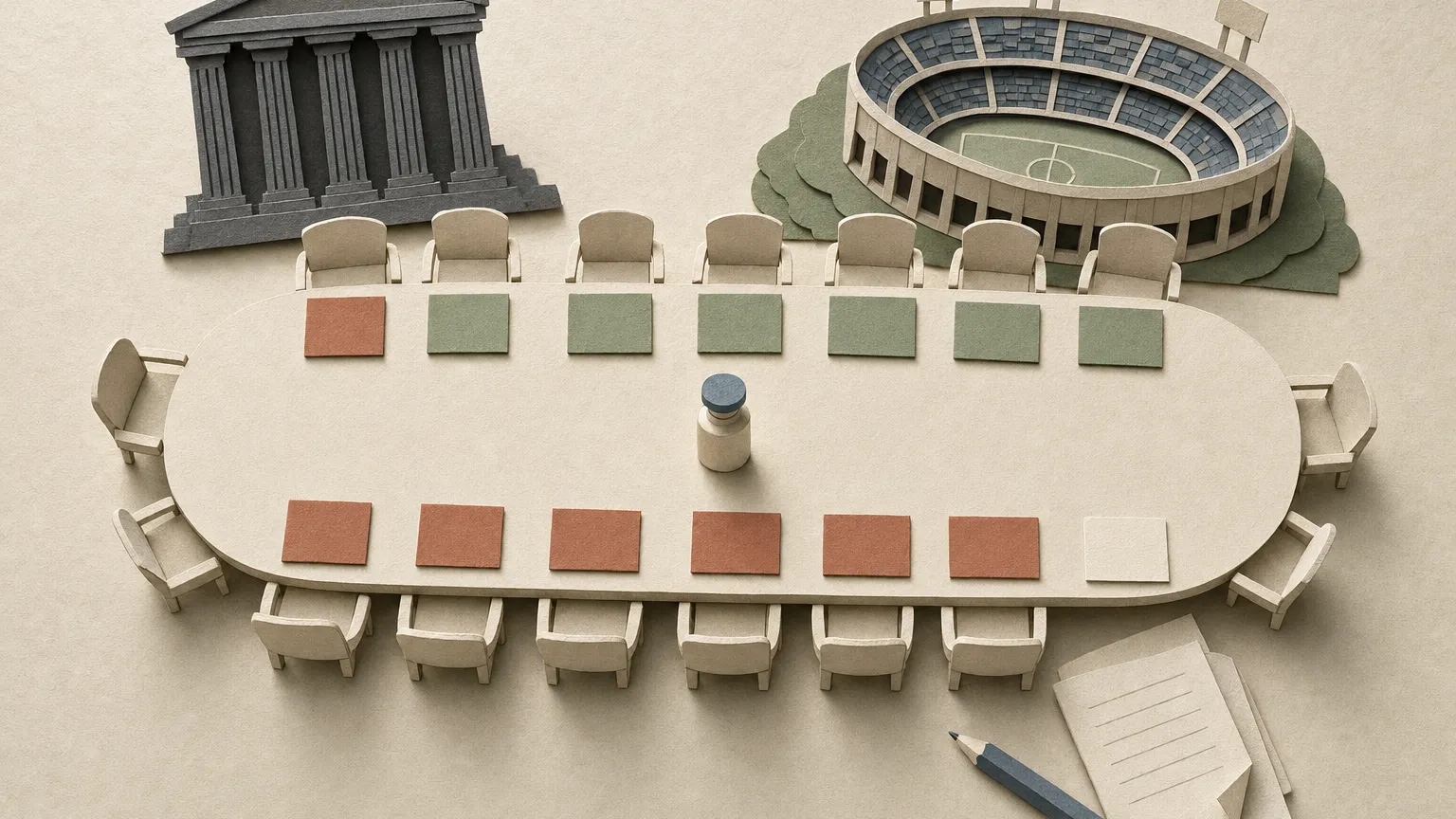 Paper-cut collage of a committee table with green and terracotta voting cards around a small vial.