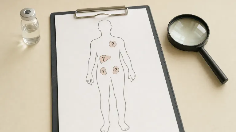 Clipboard with a body outline and question marks over organs next to a small vial and magnifying glass.