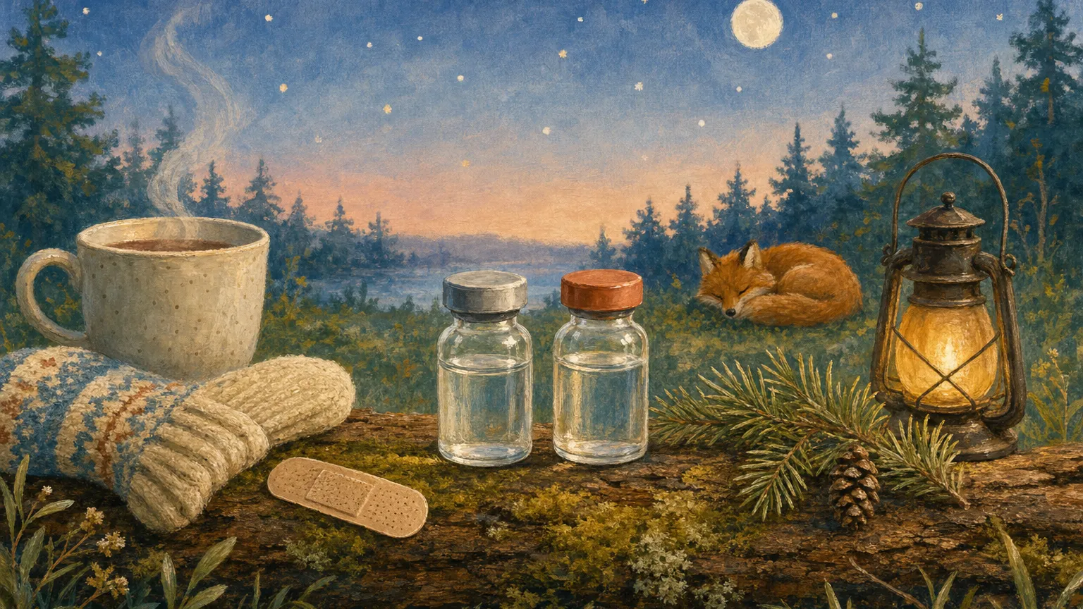 Gouache illustration of two vials on a mossy log with a bandage, a knitted sock and a sleeping fox at dusk.