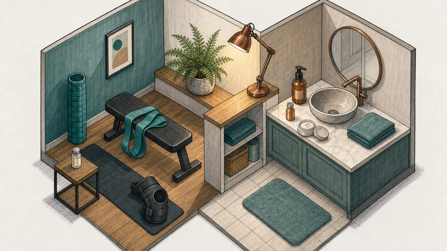 Isometric ink-and-marker drawing of a room split between a home gym corner and a skincare vanity, each with a vial.