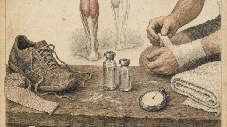 Vintage engraving of two vials on a locker-room bench beside a running shoe, sports bandage and taped wrist.