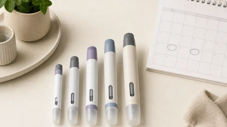 Five injection pens of increasing size next to a weekly calendar with circled days