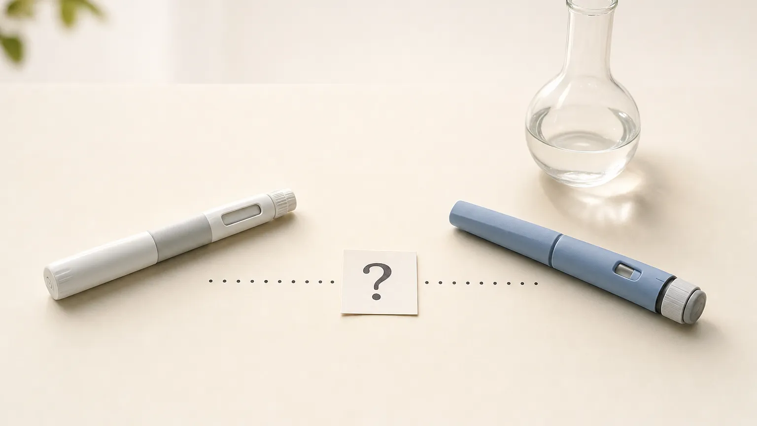 Two injection pens linked by a dotted line to a question mark card beside a lab flask
