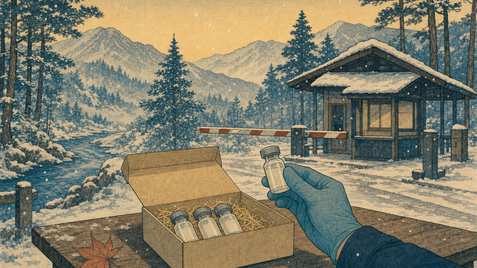 Woodblock-style print of a snowy border inspection table with unlabeled vials in an open parcel and pines behind.