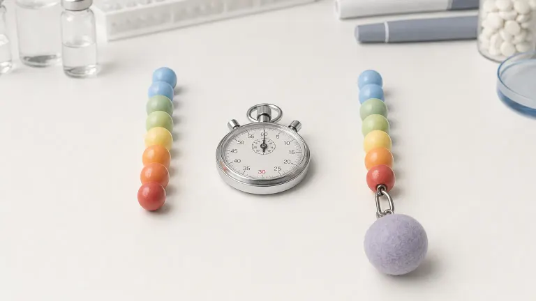 Two bead chains on a lab bench, one attached to a large sphere, with a stopwatch between.