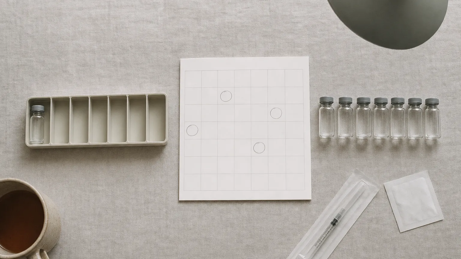 Overhead view of one vial in a weekly tray beside seven small vials and a blank calendar page.