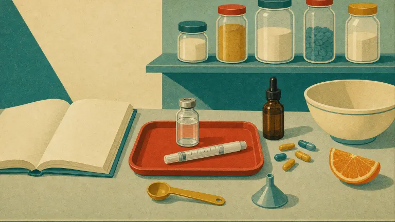 An unlabeled vial and syringe beside scattered vitamin capsules, a dropper bottle and a measuring spoon.