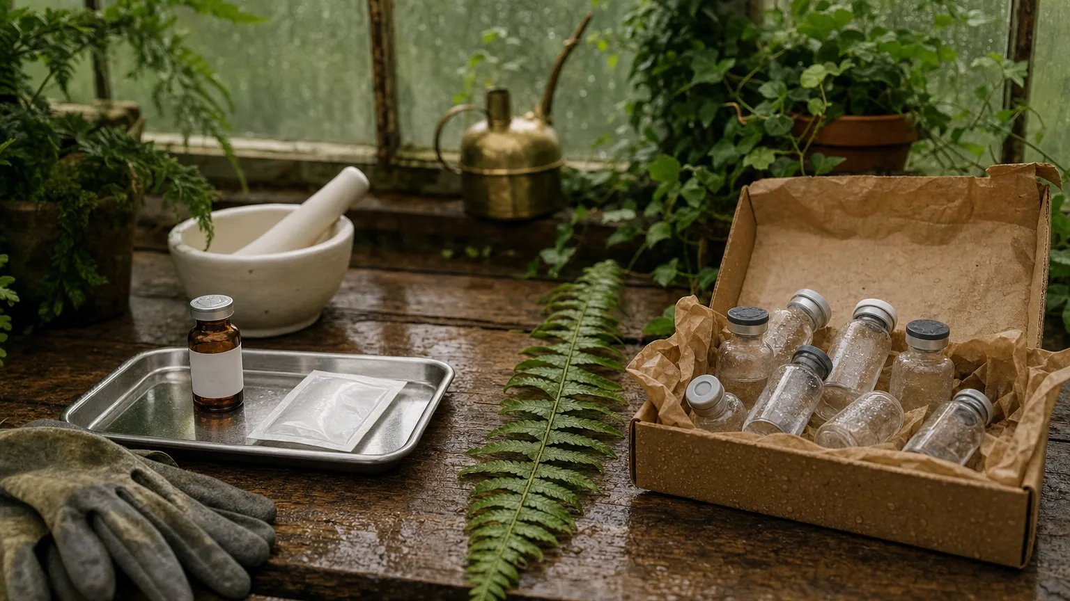 Greenhouse bench comparing a neat pharmacy vial and tray with loose unlabeled vials in a mailer