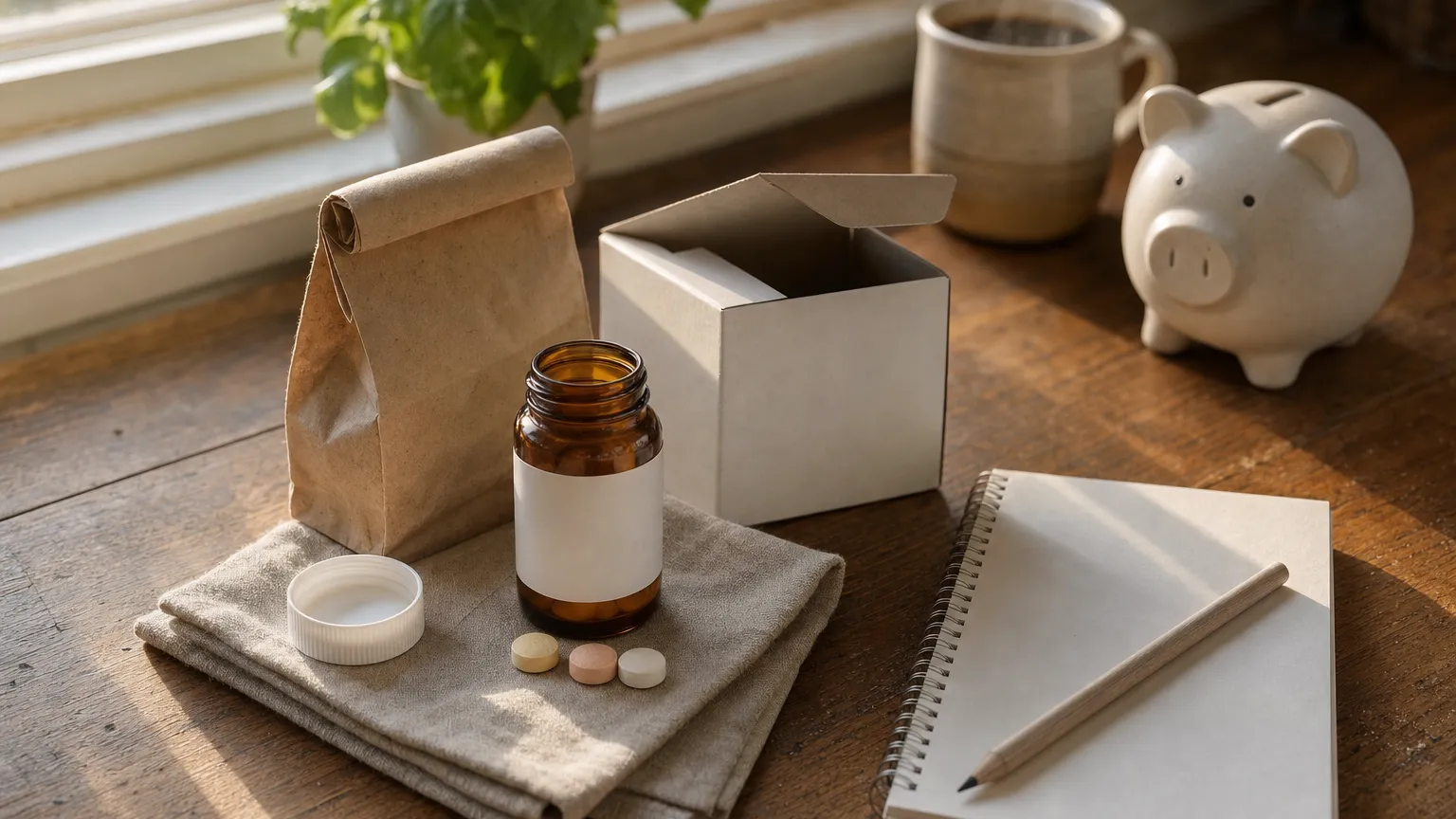 Pill bottle with tablets, a pharmacy bag, an open shipping box and a piggy bank on a sunlit kitchen counter