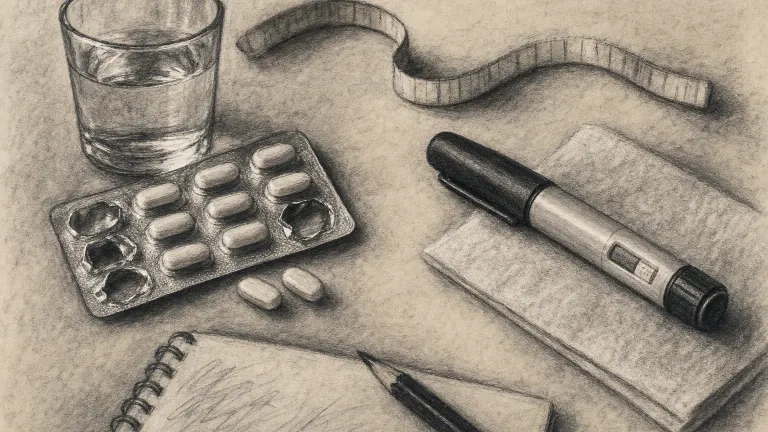 Charcoal drawing of a tablet blister pack and water glass opposite an injection pen, with measuring tape