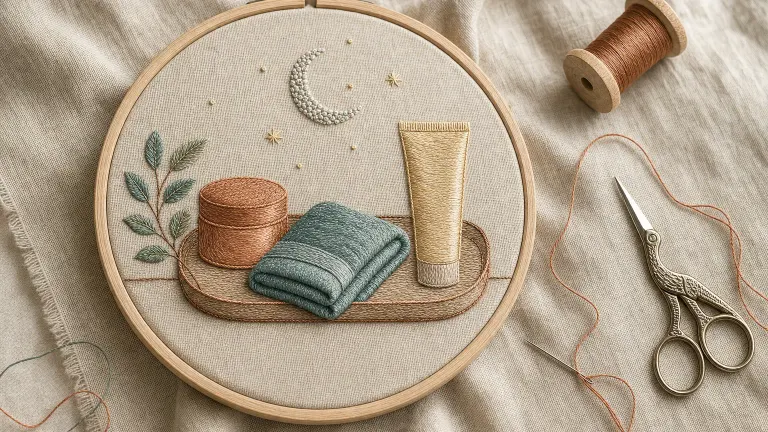 Embroidery hoop showing a stitched copper jar and a gold tube on a vanity tray with a moon