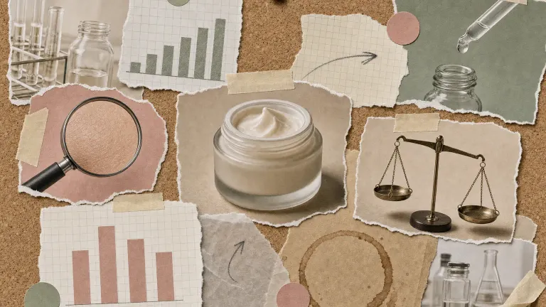 Torn-paper collage evidence board with a cream jar, magnifying glass, bar shapes and a balance scale.