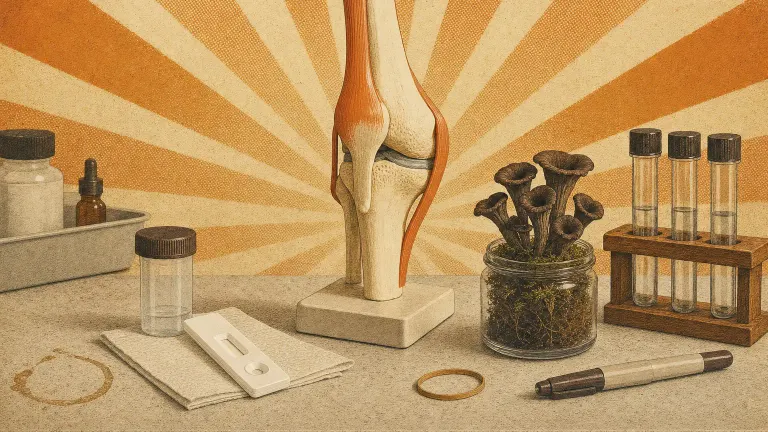 Retro screen print of a knee joint model, a blank test cassette, a jar of cup mushrooms and test tubes.
