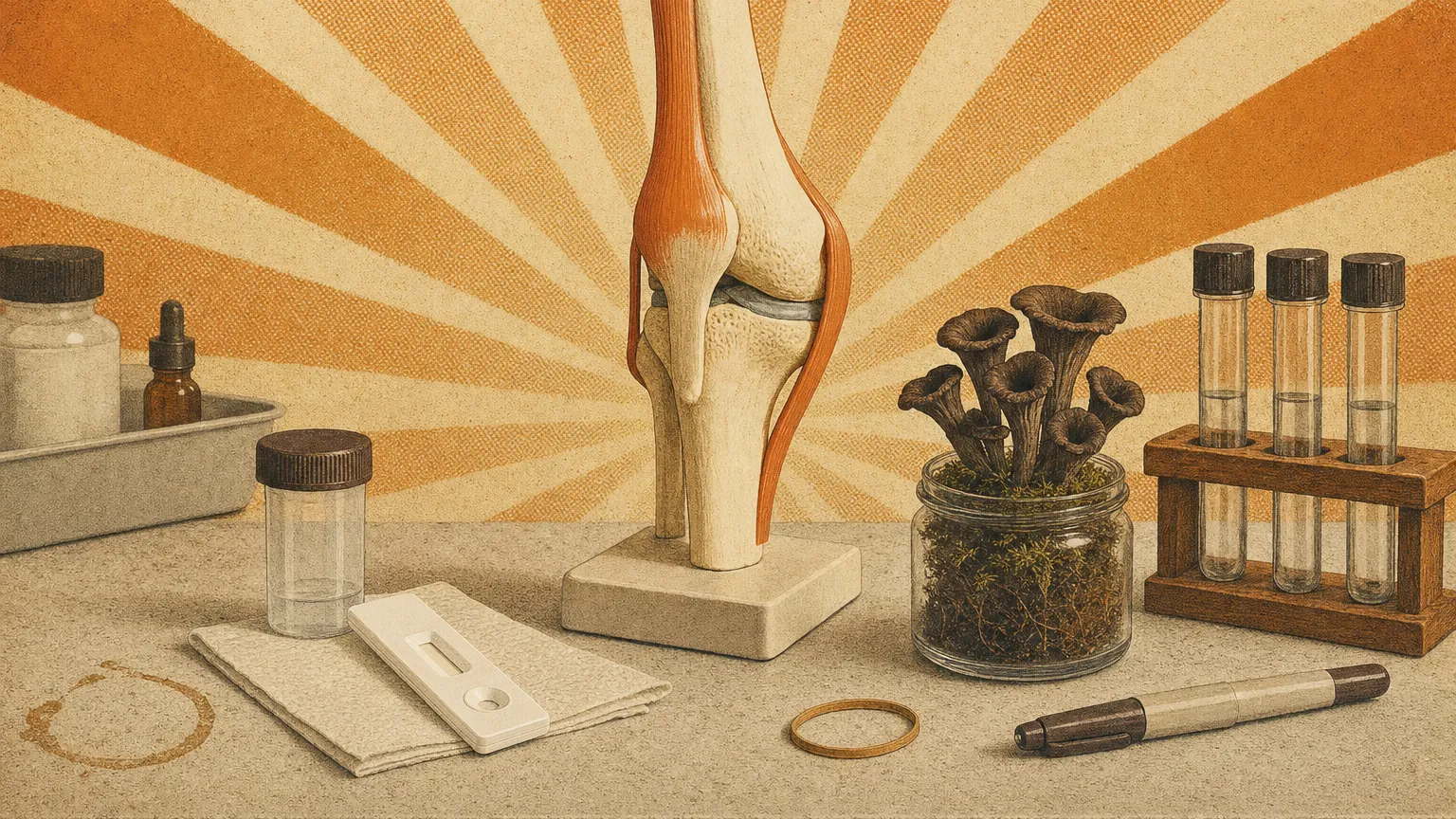 Retro screen print of a knee joint model, a blank test cassette, a jar of cup mushrooms and test tubes.
