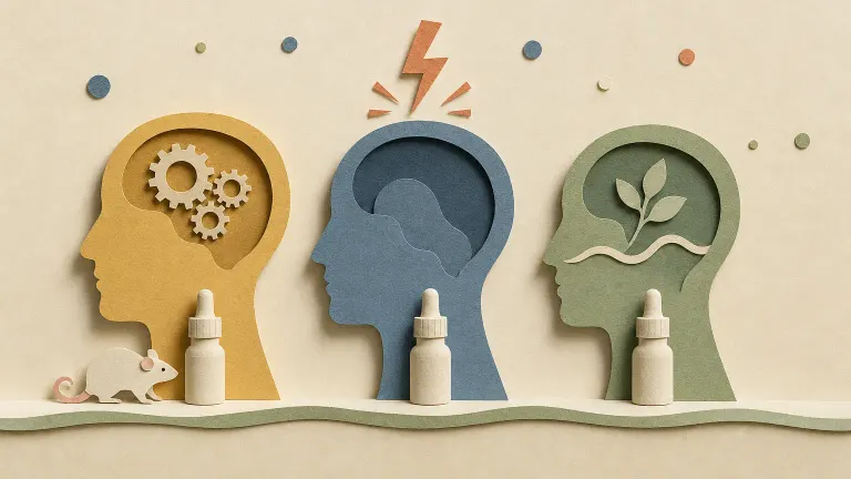 Paper-cut collage of three layered brain silhouettes with dropper bottles and a small paper lab rat.