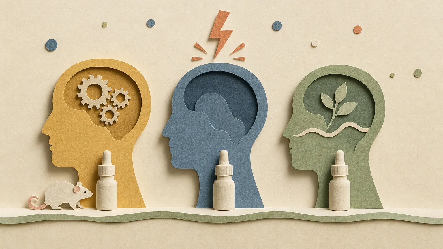 Paper-cut collage of three layered brain silhouettes with dropper bottles and a small paper lab rat.