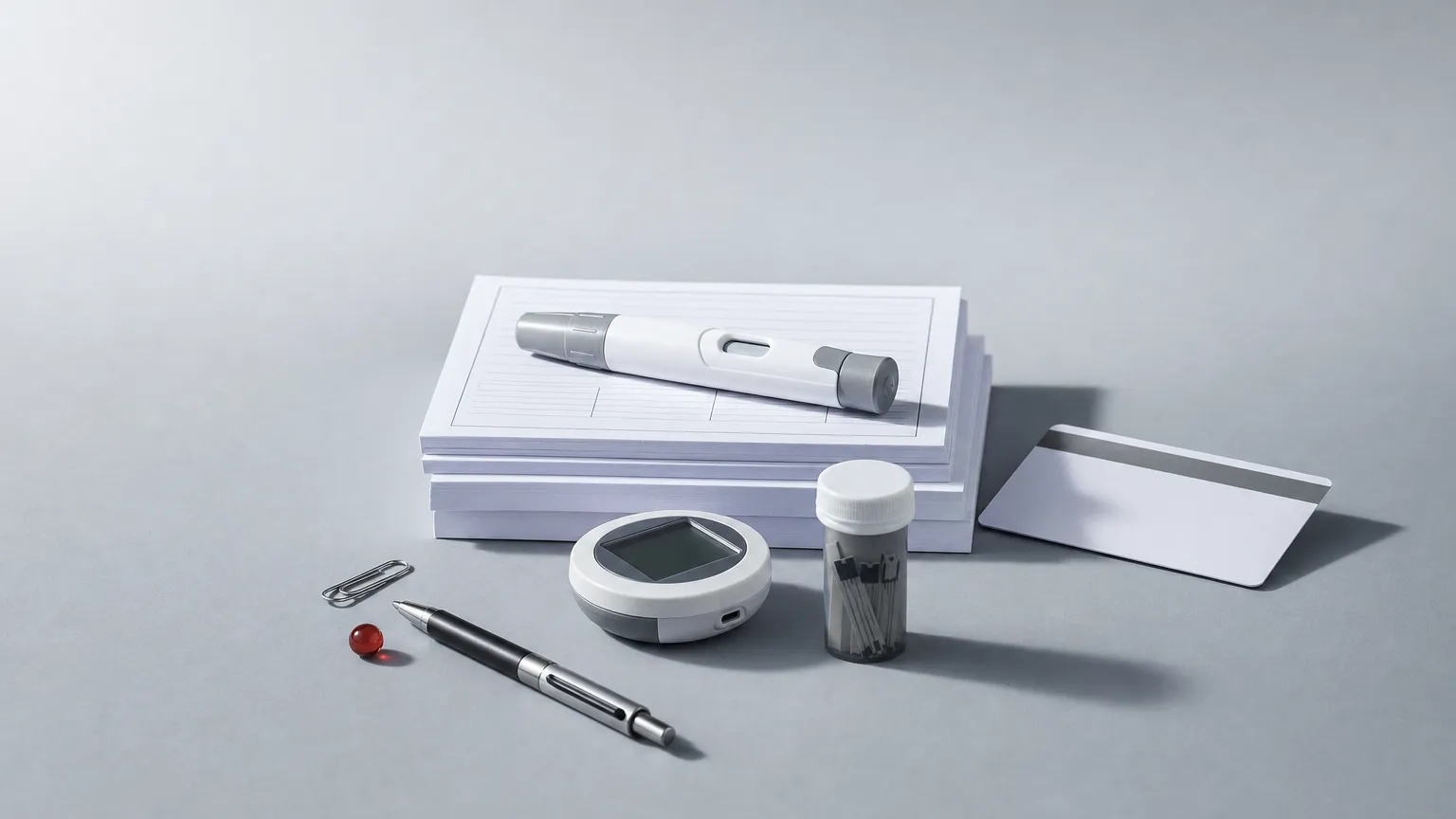 Capped pen on a stack of blank forms with a blank card, glucose meter, strips vial and paper clip on grey paper