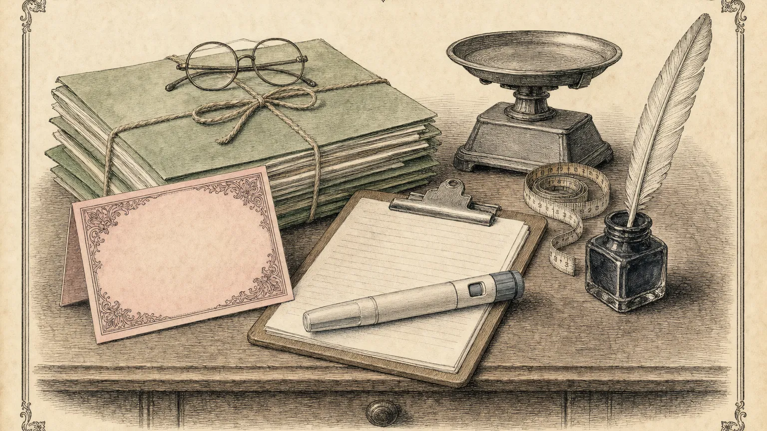 Engraving of insurance folders, a blank card, a capped pen on a clipboard, a tape measure and spectacles