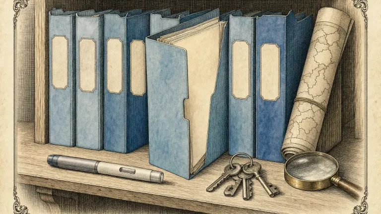 Engraving of a shelf of blue folders with one pulled open, a capped pen, a magnifying glass and a rolled map