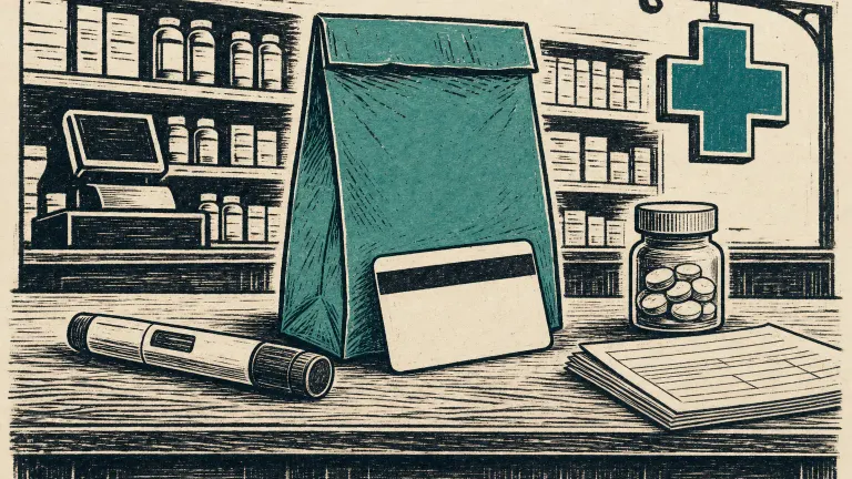 Linocut of a pharmacy counter with a blank insurance card, paper bag, injection pen and forms