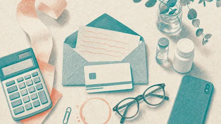 Risograph print of an insurance card, envelope, calculator, receipt, vial and pill bottle on a table.