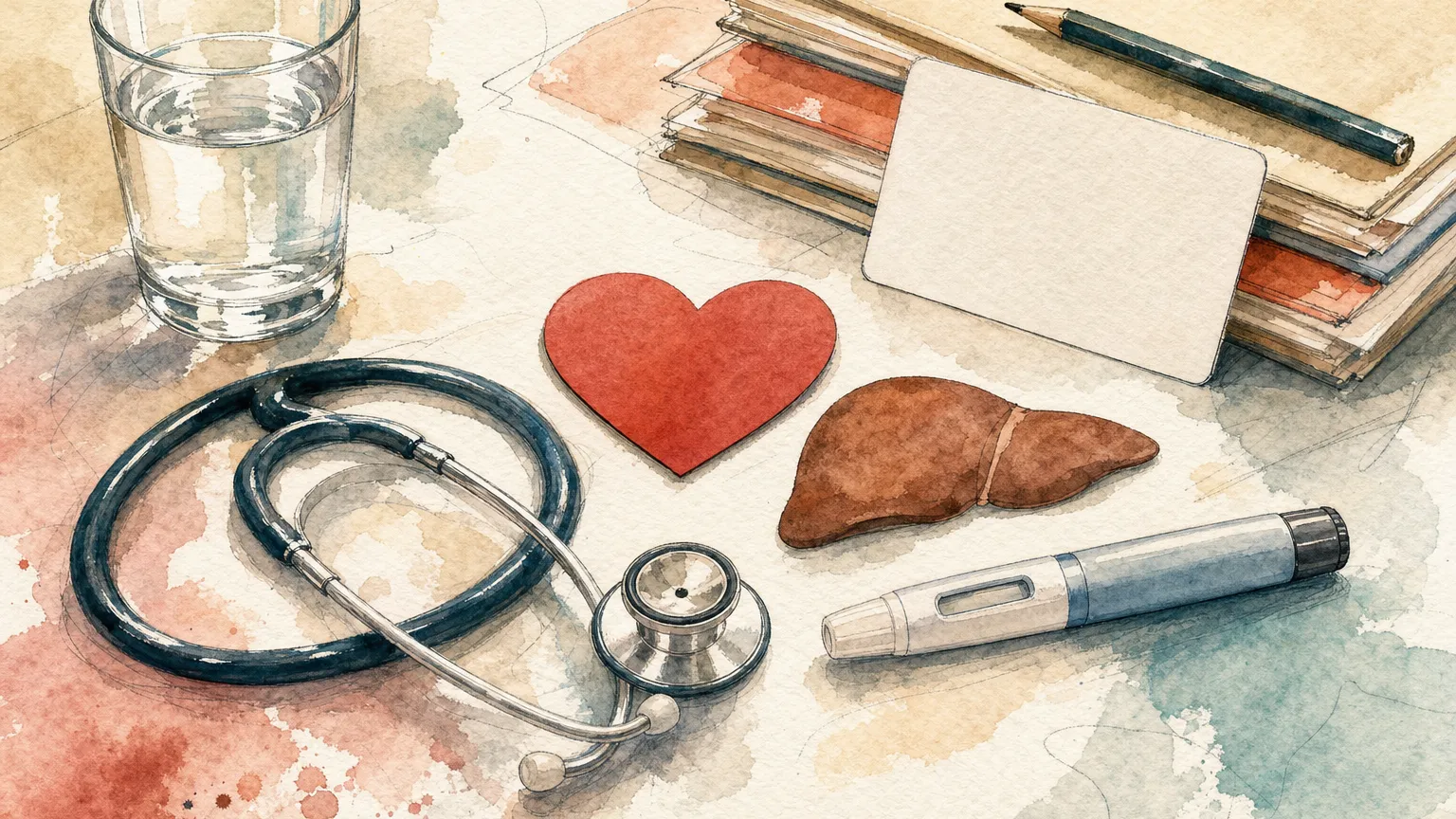 Watercolor of a pen beside a stethoscope, a paper heart, a liver shape and a blank insurance card