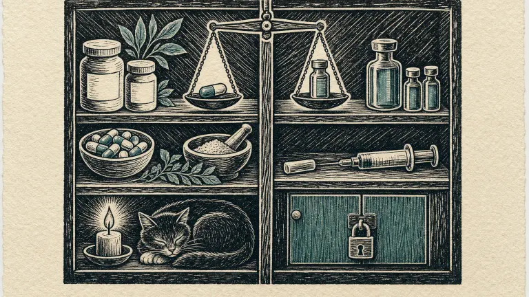 Linocut print of a shelf split between supplement jars and herbs on one side and vials and a syringe on the other.